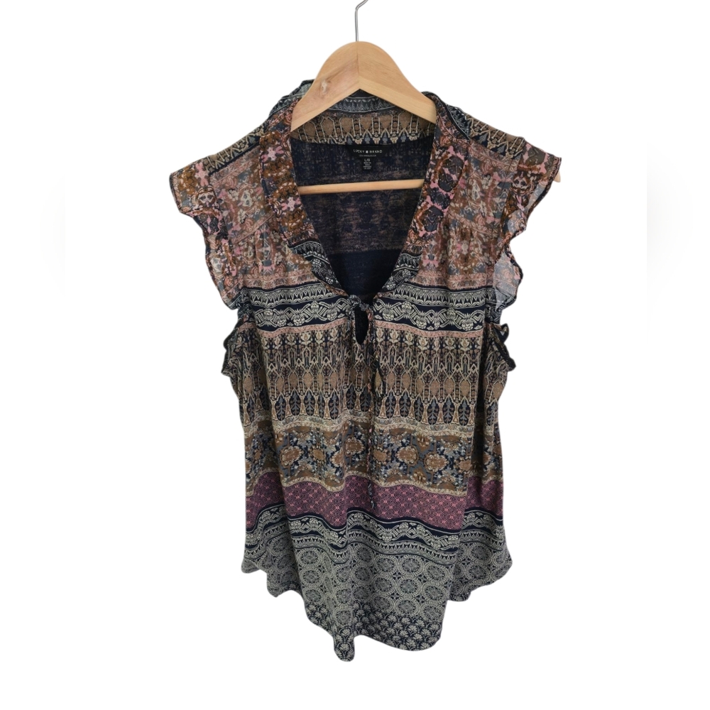 Lucky Brand Womens Ruffled VNeck Top Abstract Multi Color Modal Blend Size Large